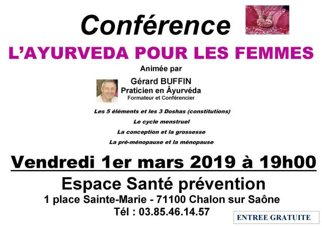 AFFICHETTE CONF CHALON PREVENTION SANTE L 'AYURVEDA POUR LES FEMMES 1ERMARS 2019